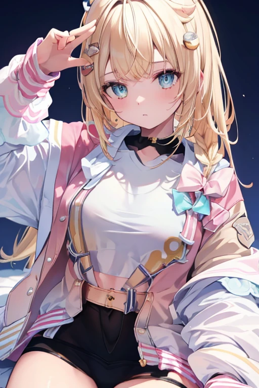 masterpiece, Extremely detailed, 8k, pink letterman jacket, Knitted sleeves, snap fastener, girl on top, straddling,