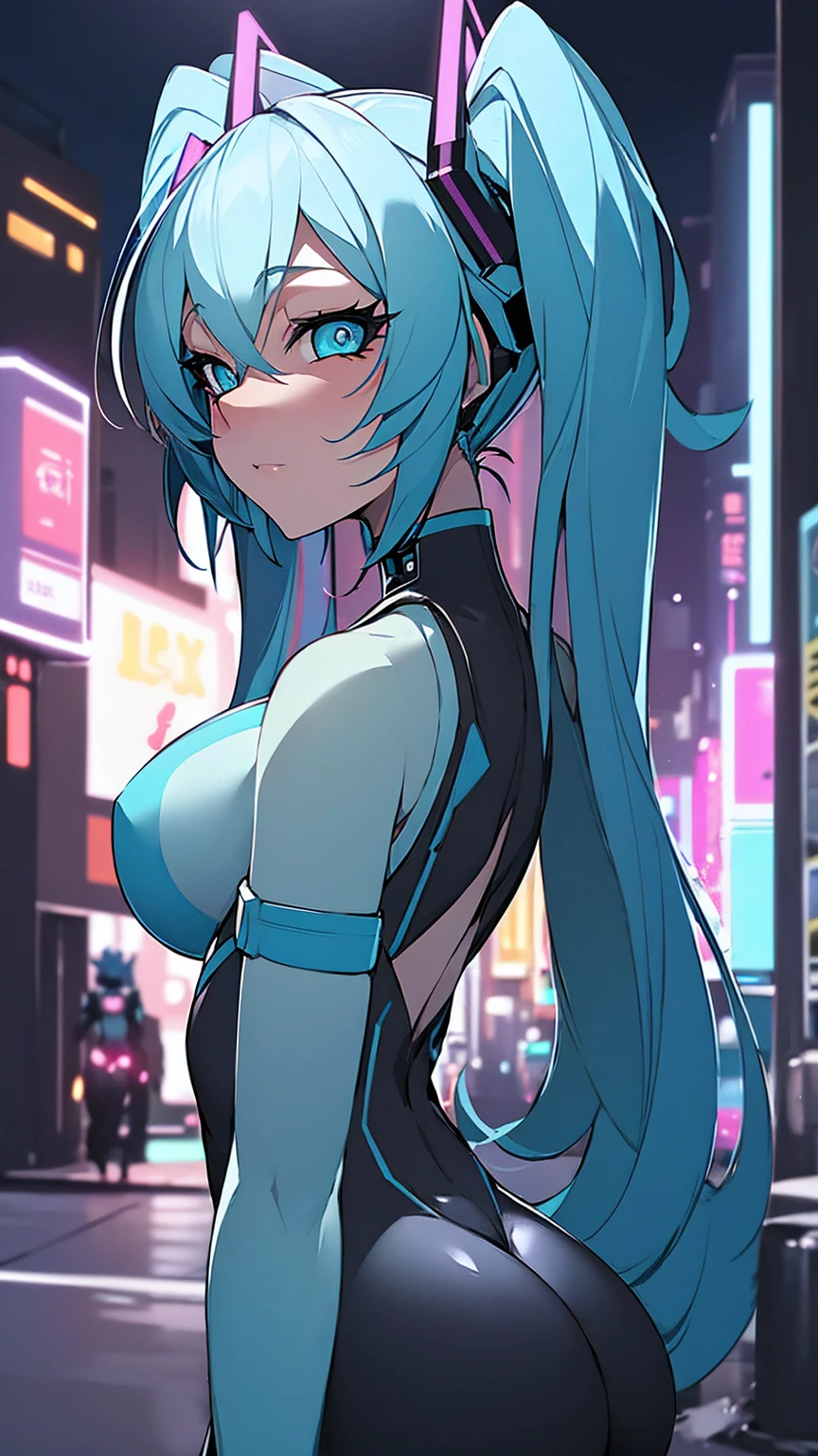 ((highest quality))、(masterpiece)、Hatsune Miku VOCALOID、(Twin tails)、Light blue hair、Water-colored pupils、cyber punk、Ultimate Physical Beauty、Big Ass、(Big Breasts)、Bodysuits、Sexy pose、A  wears an electronic visor on her face、red latex body、cyber punkモード、(Light blue hair:1.4),Breast enlargement、Neon lights in the dark city at night,Unreal Engine:1.4,Ultra-high resolution,La highest quality:1.4, Realistic:1.4, Skin Texture:1.4, masterpiece:1.8,masterpiece, highest quality,（Beautifully detailed eye depiction）