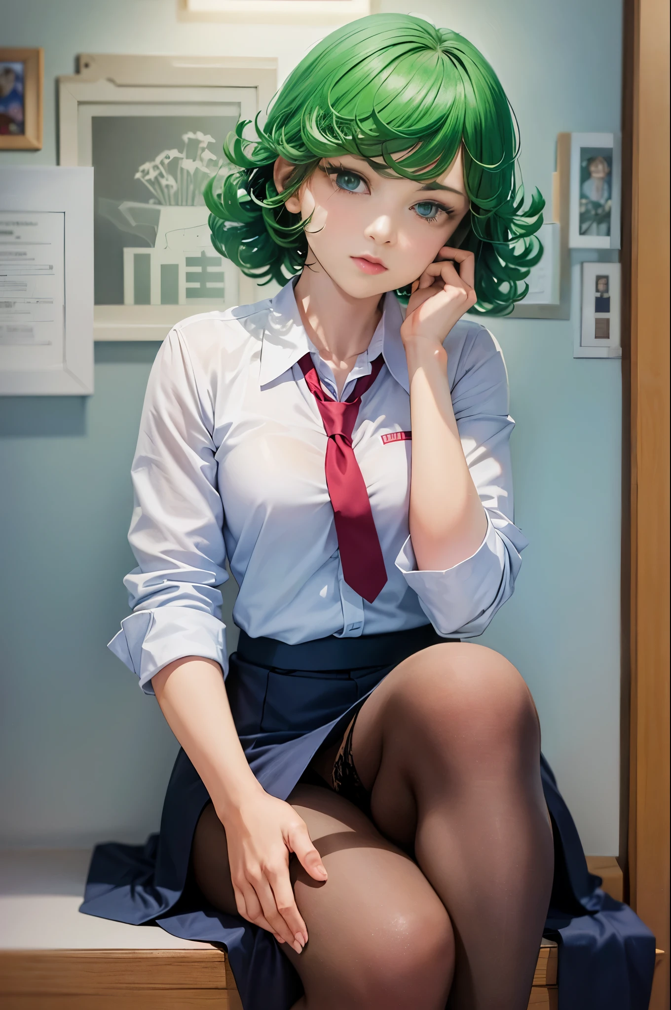 (masterpiece, best quality:1.2), solo, 1girl, tatsumaki, unamused, closed mouth, looking at viewer, hand on own face, sitting, crossed legs, collared shirt, necktie, skirt, pantyhose