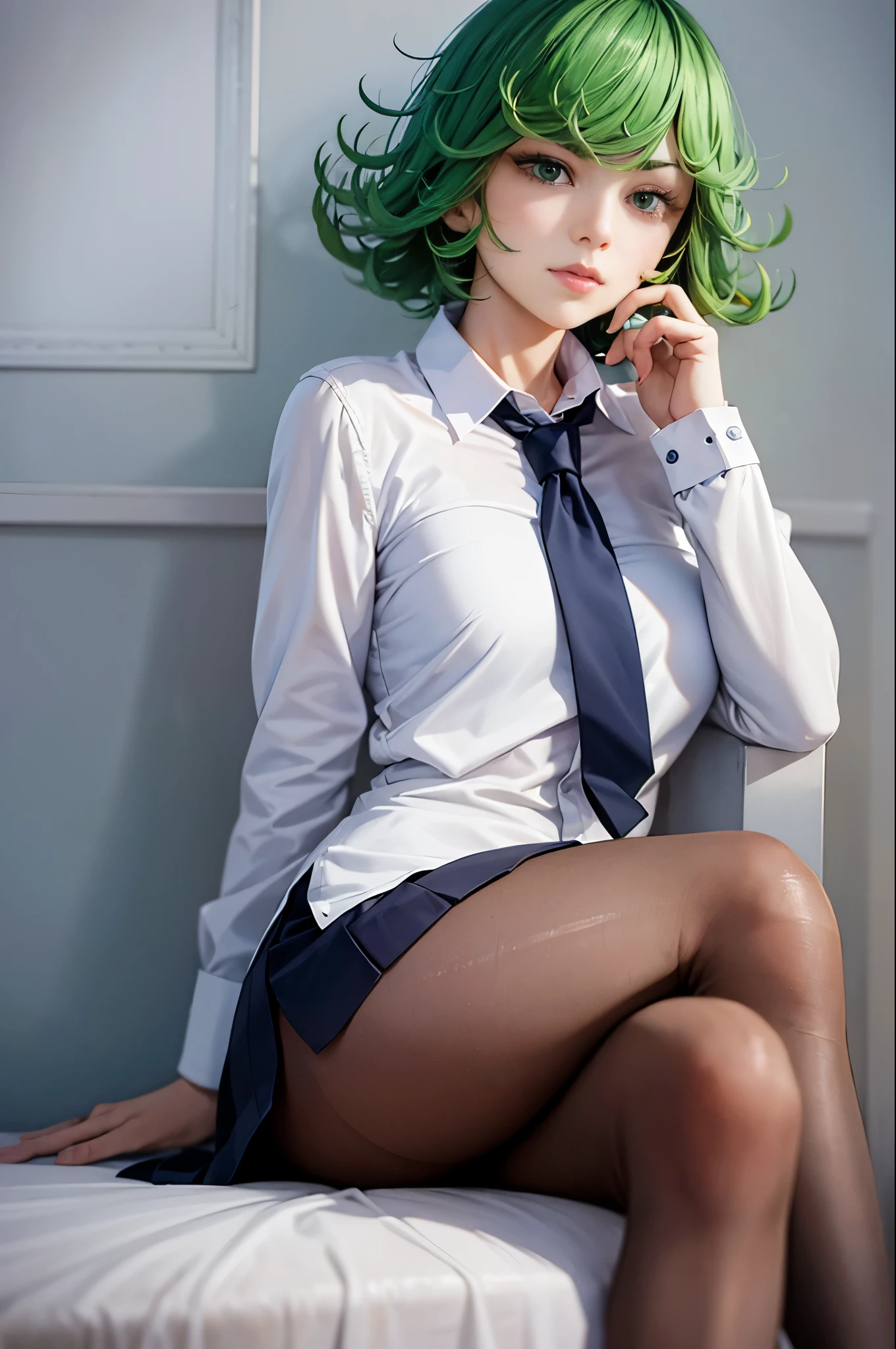 (masterpiece, best quality:1.2), solo, 1girl, tatsumaki, unamused, closed mouth, looking at viewer, hand on own face, sitting, crossed legs, collared shirt, necktie, skirt, pantyhose