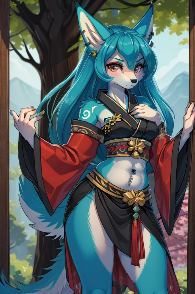 ica anime, anime style, cute hatsune miku x suicune, shy girl , Orejas de Kitsune, arte de dark natasha, autum forest landscape, arte de vixen aztra, cuerpo completo, patas hermosas, cintura delgada, caderas amplias, piernas torneadas, hermosa, foto de cuerpo completo, sensual navel blouse, black skirt, navel piercing, ear piercing, navel tattoo, shy pose, back pose, hands up,  black body, beatifull and detailed hands, kimono, beatifull teenage,japanesse feudal pries costume, misterious and beautiful japanese landscape