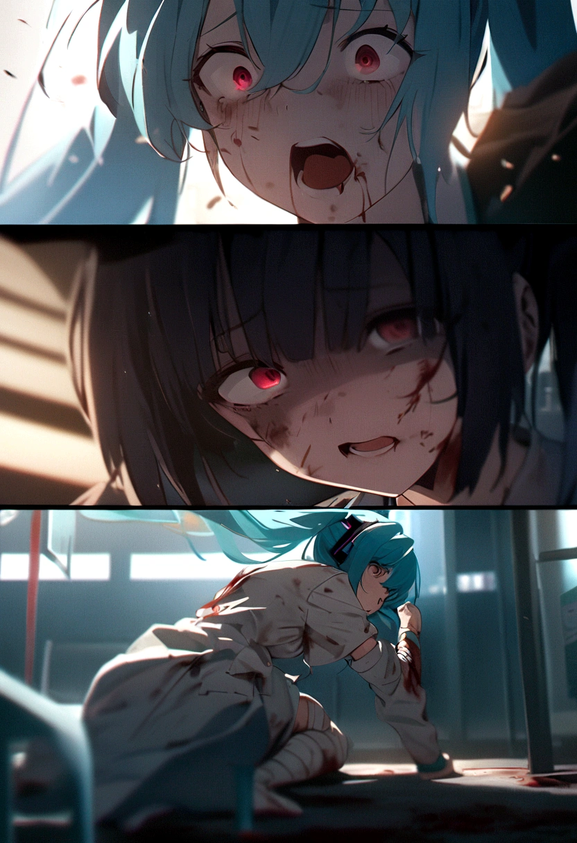 Drooping eyes、Drunk、Ahegao、Twin tails、Blue Hair、Twin tails、blunt bangs、Hatsune Miku、Hatsune Miku、Blue skin and face、masterpiece, highest quality, highest detail, 1 girl, BREAK, horror, (Small injured girl, blood, bleeding, injury), Shining white hair, jewel-like red eyes, anime highlight eyes, scarred clothes, dirty clothes, bloodstained clothes, scarred skin, battle damage, bandaged arms, bandaged legs, (Yandere:1.2), BREAK, The background is a modern hospital, a collapsed hospital, BREAK, movie lighting, action movie poster, dynamic, beautiful girl action actor, motion blur, depth of field, 35mm, Sony FE, 1girl,