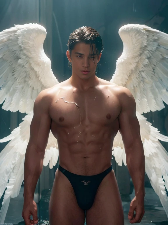 handsome male,muscular,detail eyes,wet,blessedtech,blessed,aura,wings,head wings, ultra realism , ultra photorealism , micro strinf thongs