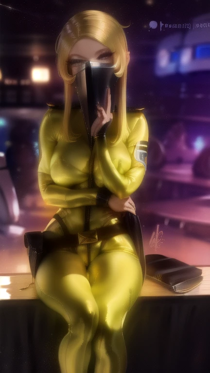 highest quality, masterpiece, One girl , Yuki Mori Blonde hair Yellow bodysuit Skin-tight belt, Spacesuit, Spaceship, Bokeh,