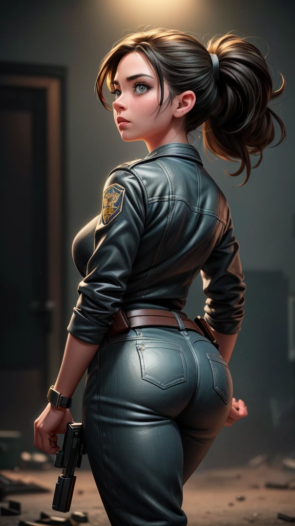 back view, beautiful detailed eyes, beautiful detailed lips, extremely detailed eyes and face, longeyelashes, 1girl, police officer, woman, gun, running, criminal, action, suspense, dynamic pose, dramatic lighting, cinematic, dark mood, gritty, realistic, photorealistic, photo-realistic:1.37, (best quality,4k,8k,highres,masterpiece:1.2),ultra-detailed,(realistic,photorealistic,photo-realistic:1.37),cinematic lighting,dramatic composition,intense expression,high contrast,cinematic framing