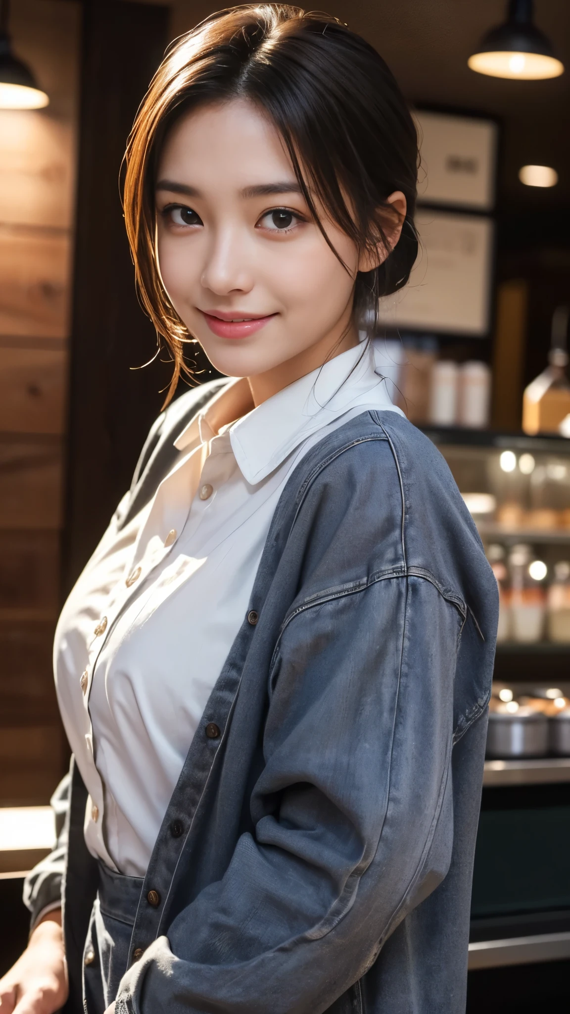 (dramatic angle)(coffee shop staff uniform)Mix 4,ultra detail (8k, RAW Photos, 最high quality, masterpiece: 1.45), (Realistic, Photorealistic: 1.37), (Ultra high definition)(Textured skin)(Very detailed)(high quality)(最high quality)(First Person View)Beauty Women,smile ,Cafe,