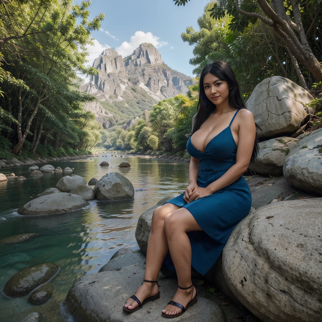 Indonesian_women, 1girl, breasts, solo, dress, black_hair, big_breasts, cleavage, blue_eyes, nico_robin, long_hair, smile, sandals, photo_background, sitting, blue_dress, lips, light_skin, ((mountain_background, shady_trees, river, big rocks) )