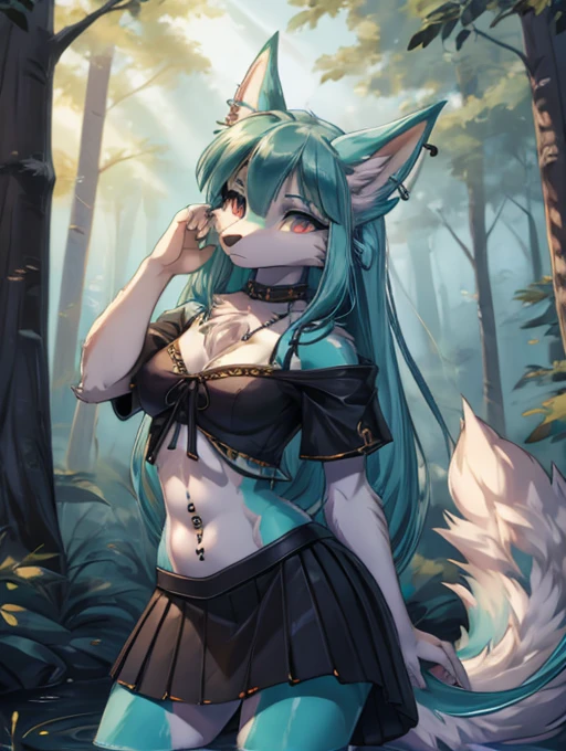  Chica anime, anime style, cute hatsune miku x suicune, shy girl , Orejas de Kitsune, arte de dark natasha, autum forest landscape, arte de vixen aztra, cuerpo completo, patas hermosas, cintura delgada, caderas amplias, piernas torneadas, hermosa, foto de cuerpo completo, sensual navel blouse, black skirt, navel piercing, ear piercing, navel tattoo, shy pose, back pose, hands up,  black body, beatifull and detailed hands, feudal costume