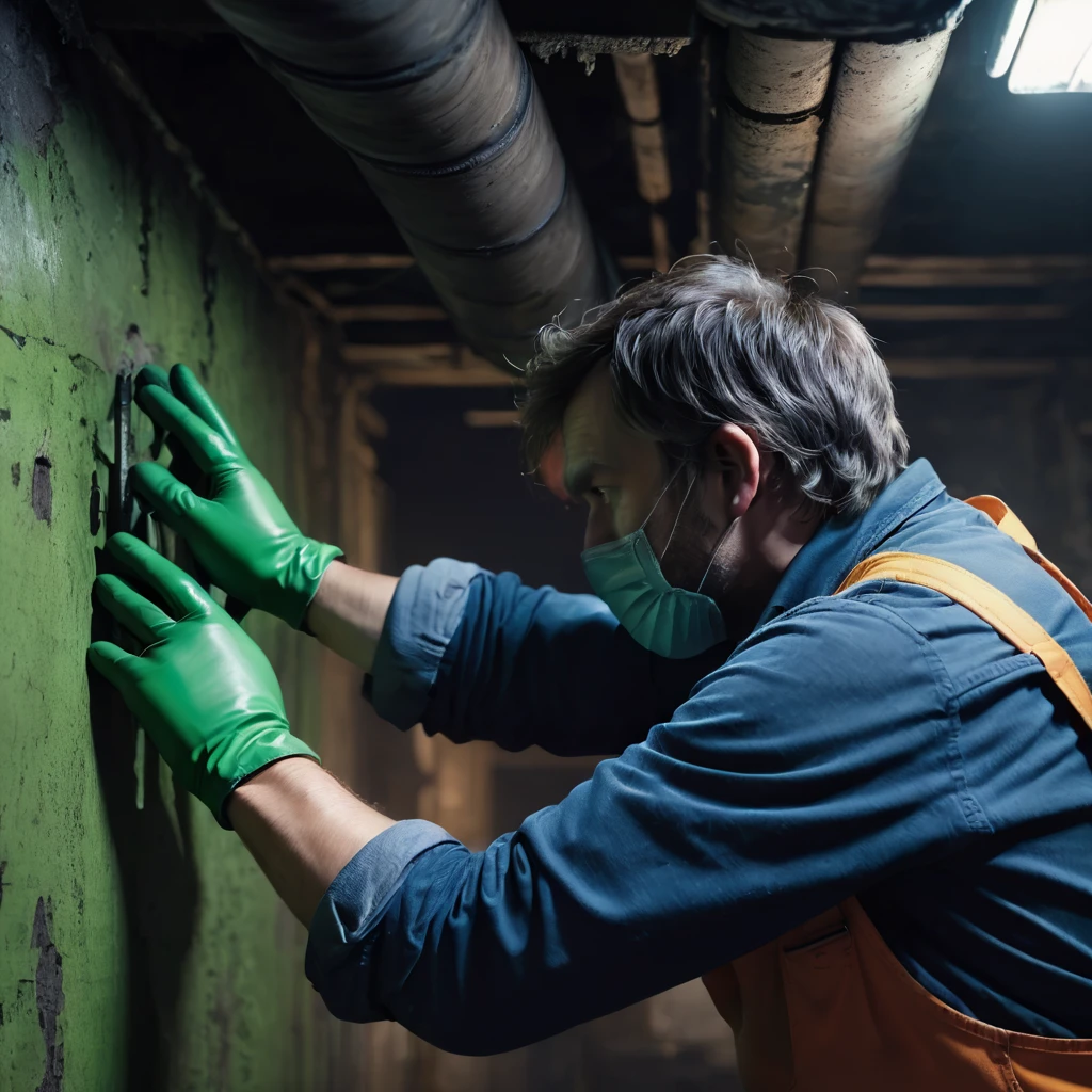 see image references for example prompts, a man cleaning green pipes in a dark basement, (back view:1.7), blue overalls, green shirt, dirty hands, serious expression, focused, ambient lighting, gritty atmosphere, rough textures, muted colors, chiaroscuro lighting, cinematic composition, moody, photorealistic, 8k, hyper detailed, animetoreal