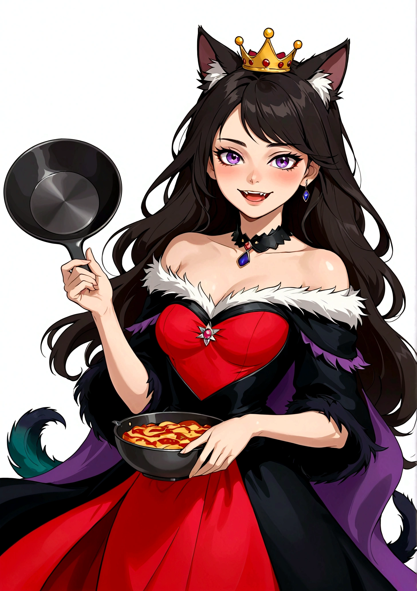 Anime girl holding a frying pan,laughing out loud,Fangs,Black eyes,A mole under the eye,Purple eyeshadow purple eyelids,Black long hair,Cat ears,Small Crown,Red off-shoulder dress,Fur collar shawl,wave,Slender neck