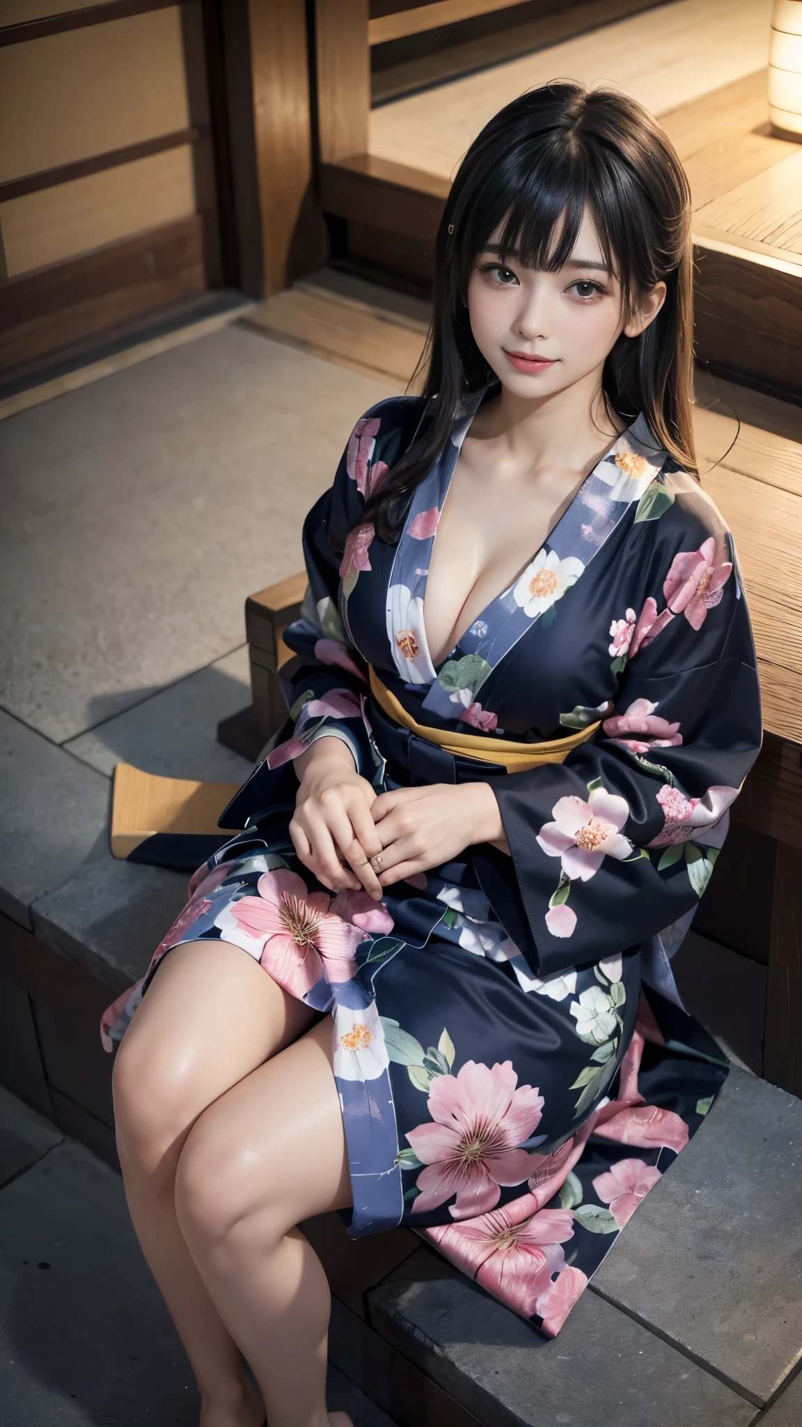 (High Angle,From above,Cleavage),♥(Beautiful Japanese floral kimono,yukata),((One girl,cute,young,Semi-long beautiful black hair,Blunt bangs,A Tale of Twins,Beautiful Eyes)),(alone),((masterpiece, Highest Resolution,highest quality)), (Beautiful illustrations),(Beautiful Japanese floral kimono,yukata),The color of the yukata is random.、
(Looking at the audience), An innocent smile,Cinema Lighting,Japanese Festivals,Stall,firework,Night Sky,full moon,shooting star,