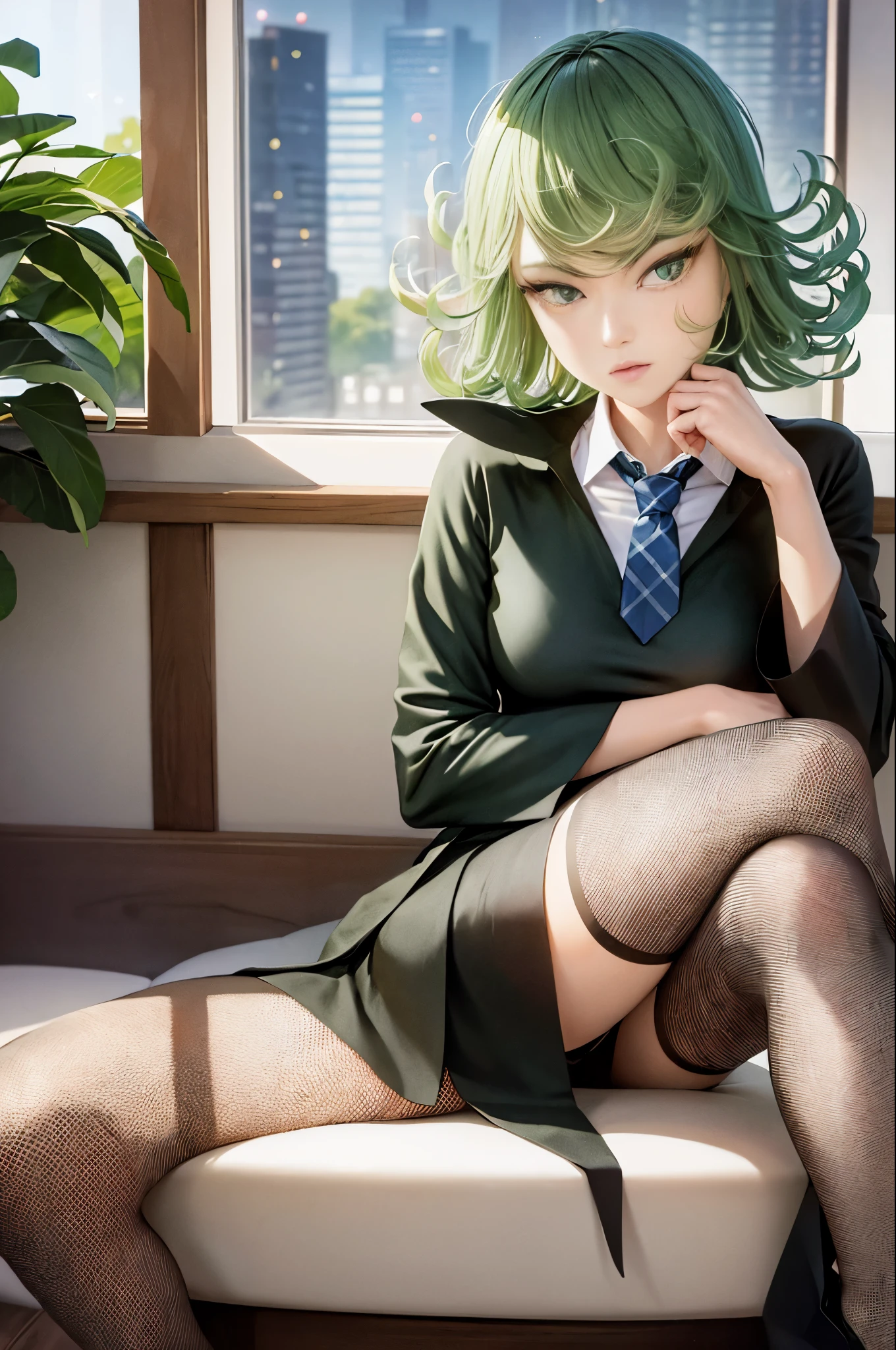 (masterpiece, best quality:1.2), solo, 1girl, tatsumaki, unamused, closed mouth, looking at viewer, hand on own face, sitting, crossed legs, collared shirt, necktie, skirt, pantyhose