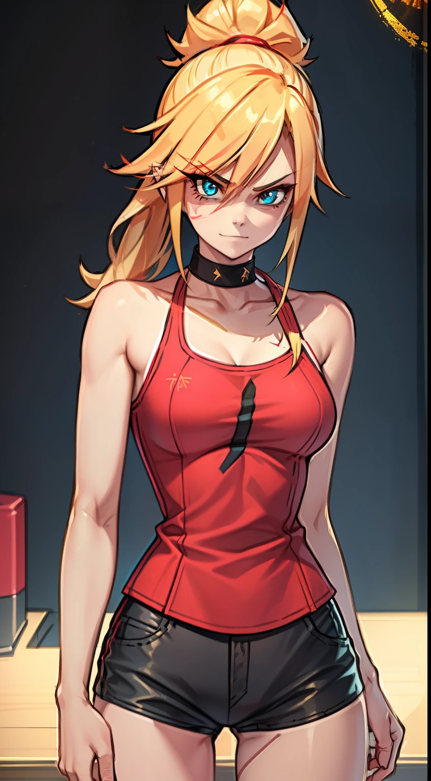 young girl,  ultrs long blonde hair, Hairpin with a bundle, turquoise eyes, Yakuza tattoos, red tight uniform, Sleeveless, Wide neckline on the chest to the abdomen, Gold Elements, Red gold armor, Shorts, claws, smirk, Masterpiece, hiquality, 4k, HD, Good detail