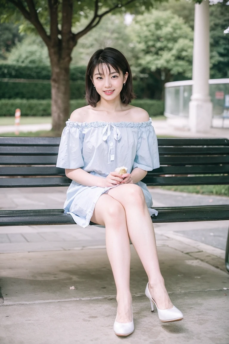highest quality, flying debris, Realistic, High resolution, 8k　RAW Photos,alone, One Girl, 30 years old、Eat soft serve ice cream、smile、(((White Edge、Blue Dress)))、High heels、Hold the soft-serve ice cream in both hands、On a park bench