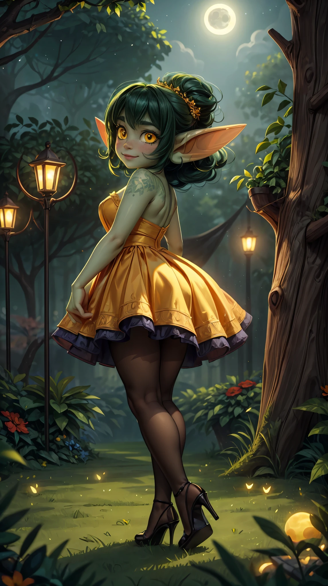 ((best quality)), ((masterpiece)), (detailed), absurdres, ((1 girl)), 1girl, solo, 4k, glamour photo of a short heavyset chubby green goblin girl wearing a gorgeous yellow gown, (black hair), green skin, yellow eyes, freckles, shy smile, bashful, soft lighting, romantic lighting, ornate ball gown, cinematic still, at a nighttime garden party, fairy lights, moonlight, a little embarrassed, pantyhose, high heels, outdoors, nighttime, moonlit, fancy garden party,