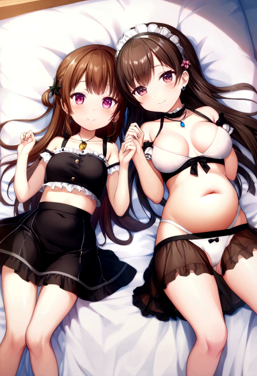 (2 young girls with long hair, Beautiful face and eyes and eyeliner,A delicate little face, pink eyes, Charming smile, (Maid cafe outfit with frilly, Sheer pleated mini skirt:1.5), Skirt turned inside out,(Transparent maid cafe costume with large open breasts and hollow:1.2), Sexy transparent underwear,Show belly button, Revealing sexy transparent white panties (very pretty girl), brown hair, Fashion hair accessories quality:1.4), (Extremely detailed),Pendants and earrings、 (Extremely detailed CG unified 8k wallpaper), Very detailed, High-resolution original color photos, Professional photography, Depth of Field, (Lying in bed)