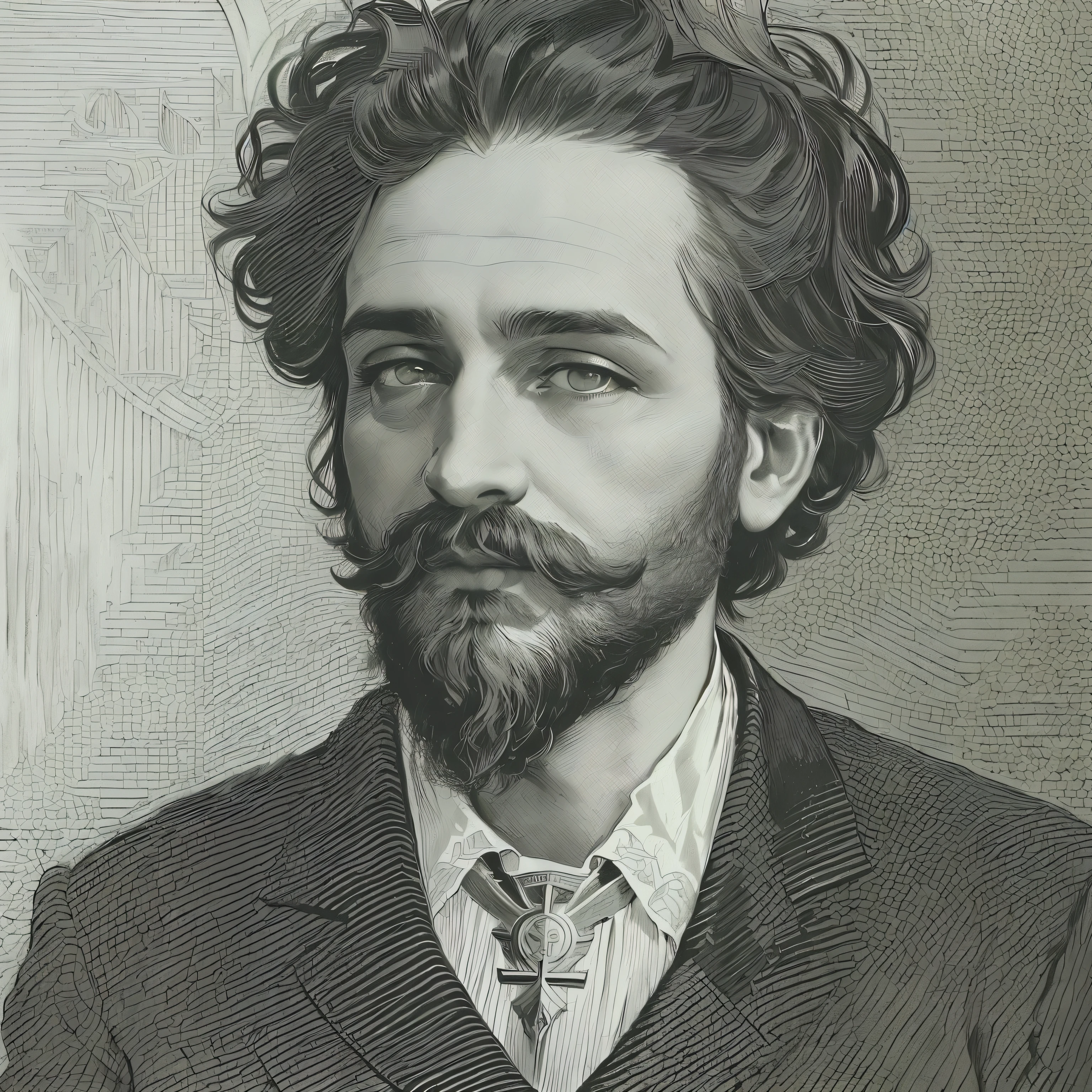 Black and white photo of a bearded man, Alfonso Mucha, Czeslaw Znamierowski, Gustav Moreau, Adolphe Bugereaum, Ivan Aivakovsky, Nikolay Georgiev, Apollinaris Vasnetsov, Vladimir Krystetzky, Nikolay Kopeikin, Stanislaw