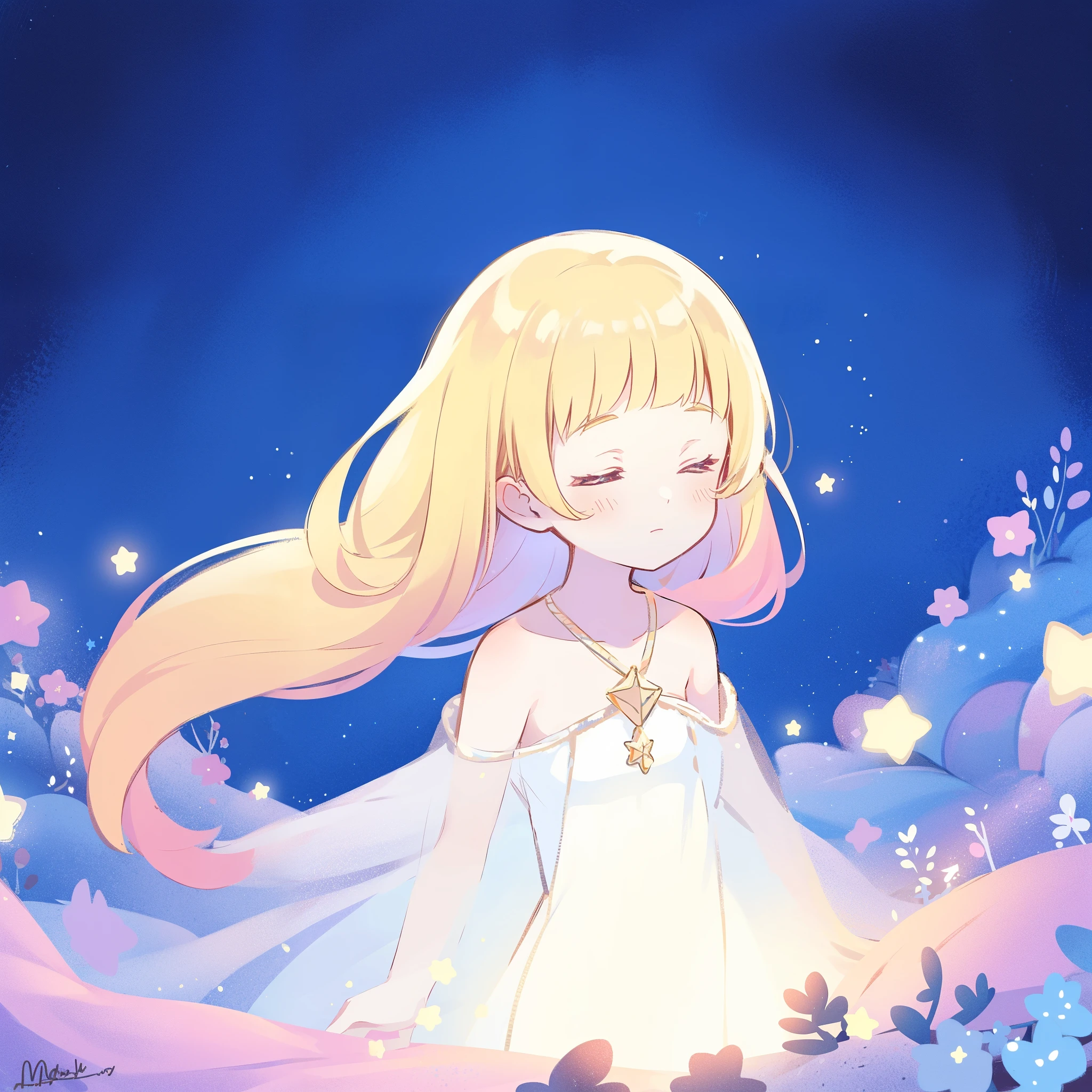 complex background, wishing star background, gradient colorful blue mint hair, a woman wearing an ethereal mystical pink translucent dress that reflects the stars, dreamy, peaceful, serene composition, glowing stars, glowing, complex drawing, highly detailed, ethereal, starry night, midjourney style