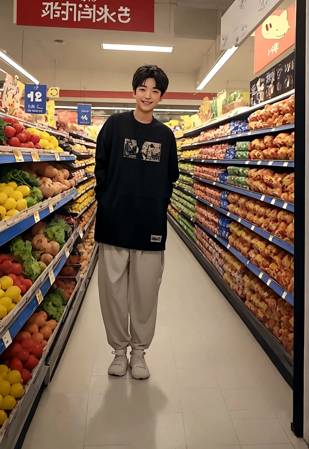 a boy，A girl，Wearing jersey，Full body image，Smile，Supermarket door，night