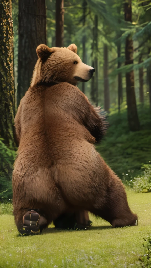 Lord of the Forest, Brown Bear (from a 3DMM style, Masterpiece, realistic, best quality, art by Chunie perspective):

(by Chunie:1) (Anthropomorphic bear) Brown bear, with a majestic brown fur that shines under the sunlight, showcasing a brown bear's muscular back structure in full body view. The bear assumes a side pose, exhibiting a calm, composed demeanor with a slight curve of its mighty spine. The brown bear's paws are planted firmly on the ground, and its fur is ruffled slightly by the gentle forest breeze. Its back is adorned with a long, thick mane, adding to