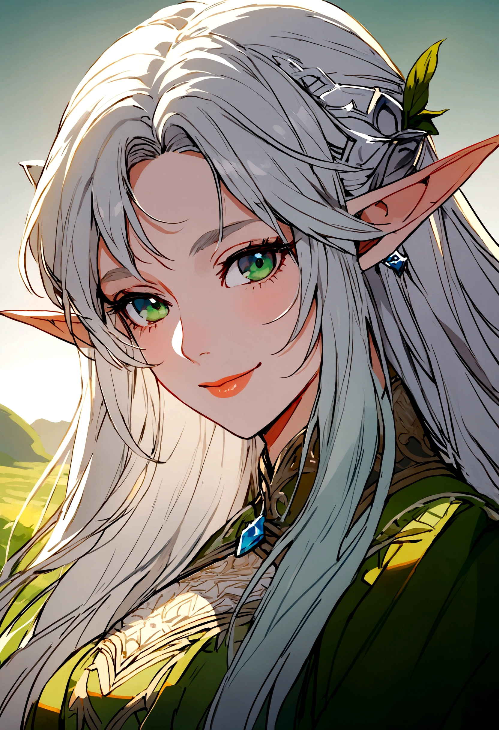 There is a woman with a sword standing in the field, Smiling elf character, Elf Woman, Female Elfling, Mithril Hall, Female Elf, Character Close-up, Elf Portrait, Portrait of an Elf Warrior, Elf royal side portrait, Silver middle-parted long hair，Wearing brown and green clothing，The clothes have intricate embroidery