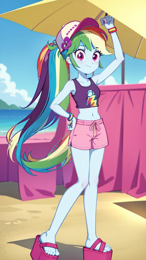 Rainbow Dash,1 girl, Equestria Girls, rainbow hair, long ponytail, purple eyes, clear blue skin, small breasts, detailed body, detailed face, detailed eyes, glistering body, shiny body, gorgeous body, masterpiece, athletic body, full body, smilling, ((pink hat, yellow tank top, midriff, pink swim trunks, platform flip flops)), beach, clear sky, standing, solo,