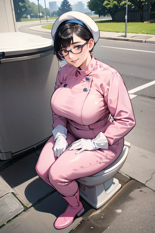 Wearing large pink rubber gloves and white rubber boots、A chubby, short-haired mature woman with black hair, glasses and a blue long-sleeved jumpsuit cleaning a dirty public toilet in a park with a gentle smile