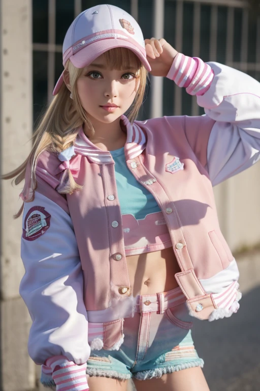 masterpiece, Extremely detailed, 8k, pink knit letterman jacket, snap fastener, girl on top, straddling, pink baseball cap,