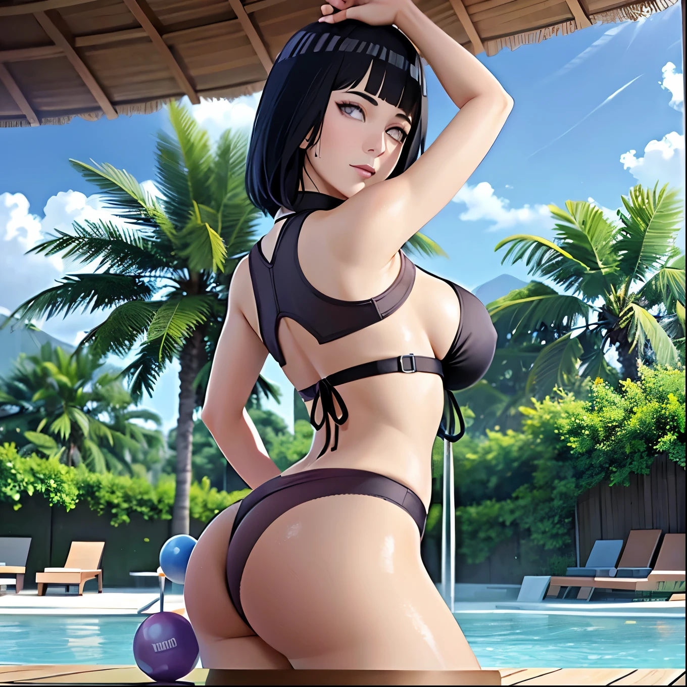 Hinata,1girl,solamente, Beautiful, muslos de thicc, pechos enormes, Wearing purple gradient bikini, en piscina,ojos puros, Alumnos realistas, Ojo altamente detallado, Perfect anatomy, good anatomy, Good Composition, Axilas, sweating, Mom, Milf, muslos de thicc, lubricant in the groin area of the skin, piel grasa, axilas rojas, sweat armpits,gran trasero,Looking back