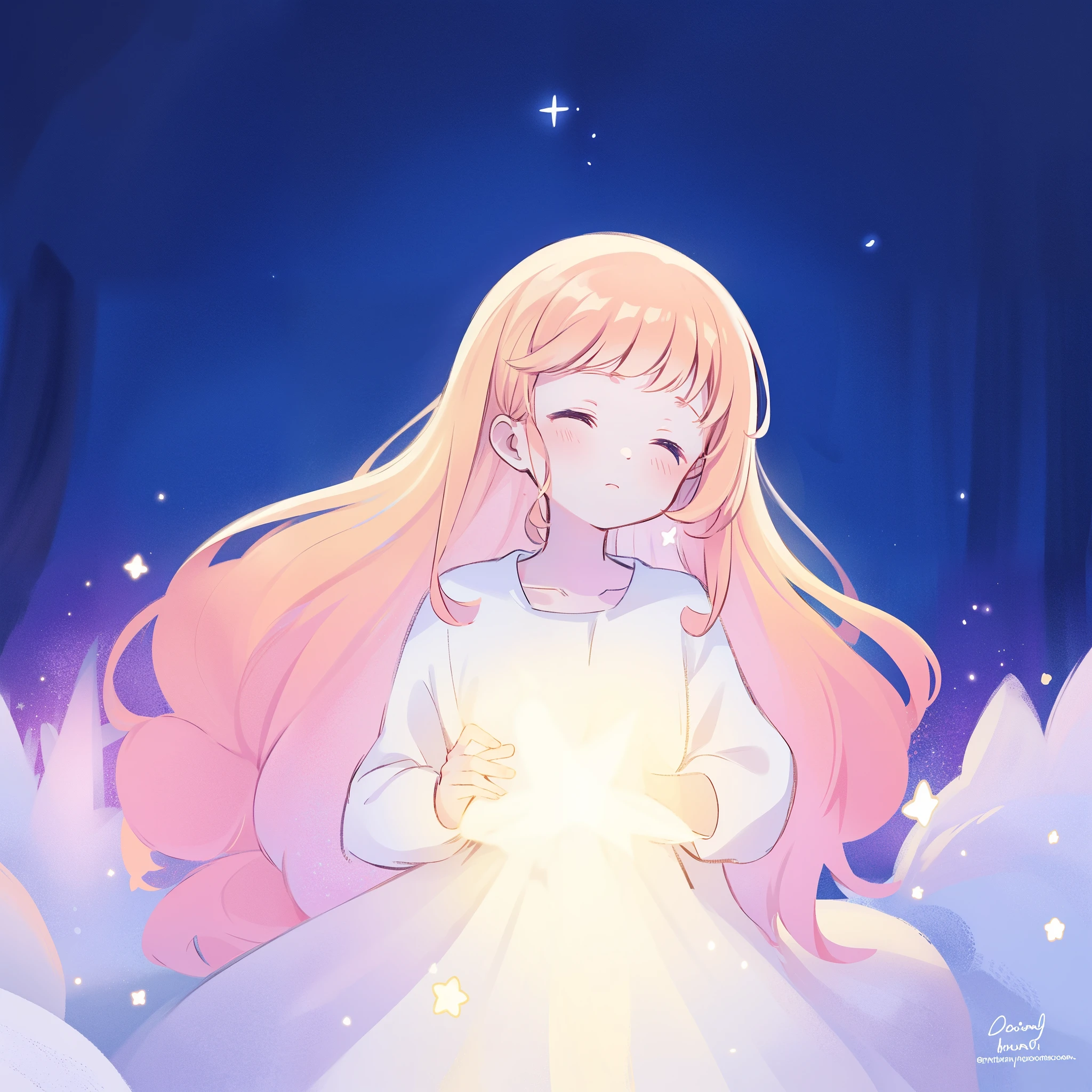 complex background, wishing star background, gradient colorful blue mint hair, a woman wearing an ethereal mystical pink translucent dress that reflects the stars, dreamy, peaceful, serene composition, glowing stars, glowing, complex drawing, highly detailed, ethereal, starry night, midjourney style