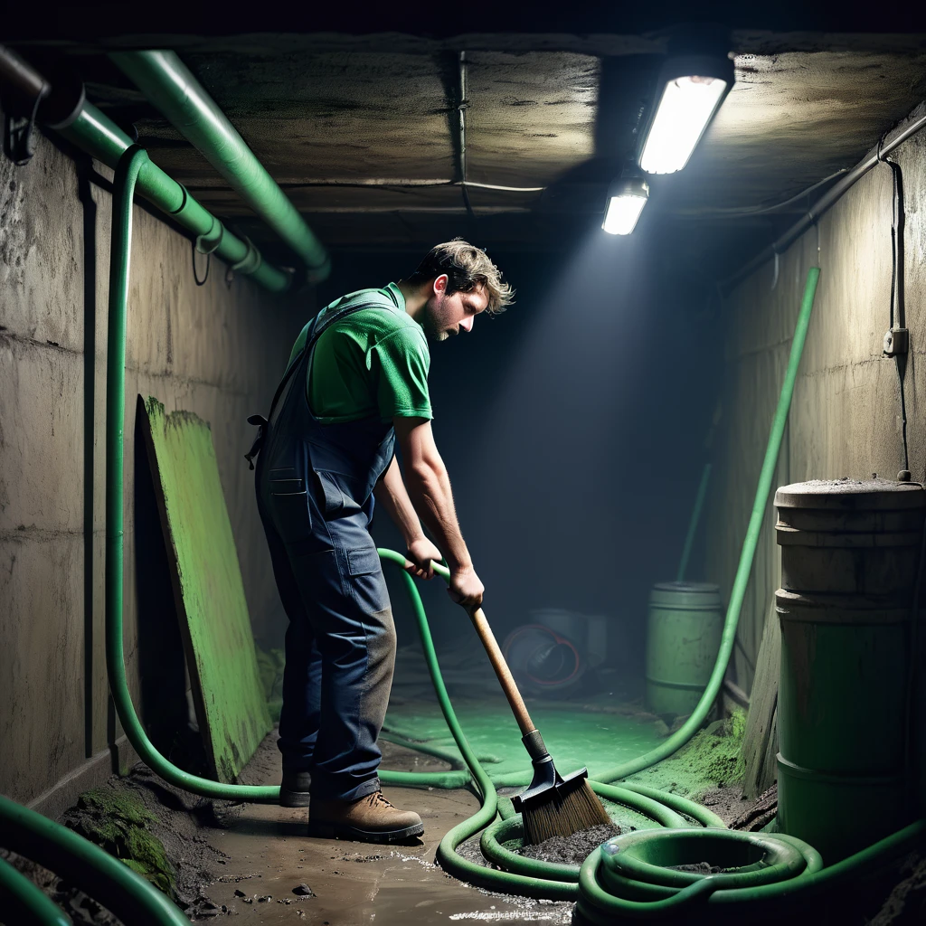 see image references for example prompts, a man cleaning green pipes in a dark basement, (back view:1.7), blue overalls, green shirt, dirty hands, serious expression, focused, ambient lighting, gritty atmosphere, rough textures, muted colors, chiaroscuro lighting, cinematic composition, moody, photorealistic, 8k, hyper detailed, animetoreal