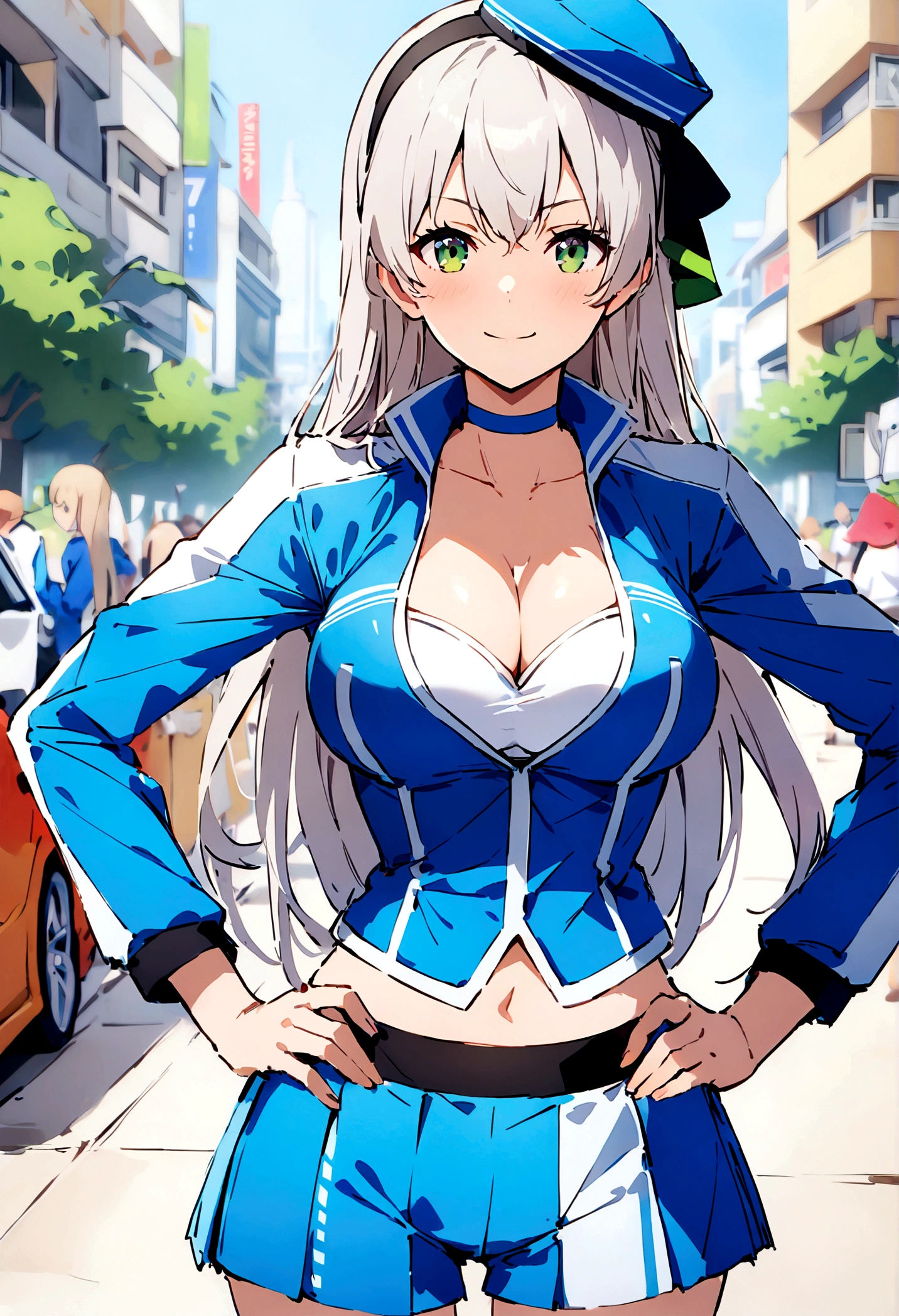 score_9, score_8_up, score_7_up,4k, ,BREAK , (from front,),standing,straight-on,hands on hips,1girl,RACEELIE,silver hair,long hair,HAIRBAND, CHOKER, BLUE HAT, BLUE JACKET, CROPPED JACKET, CLEAVAGE,large breast,, MIDRIFF, BLUE SHORTS, PLEATED SKIRT,(light smile),(daytime and beachside and city), detailed skin,,(best quality),(aesthetic,very aesthetic),sharp focus,depth of field,,