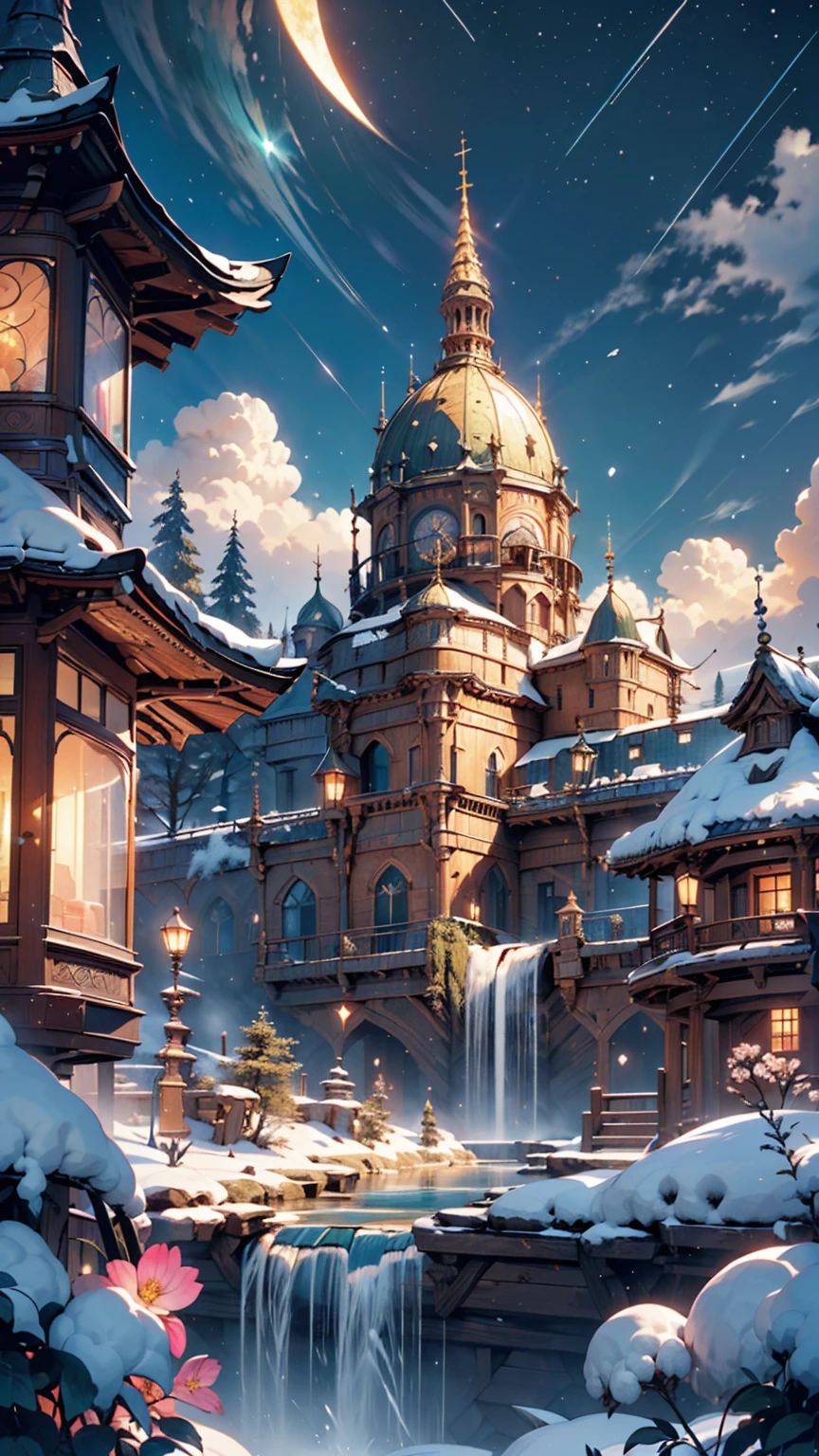 (masterpiece, figure, highest quality, detailed,High resolution:1.4), In the distance, colorful, Vibrant, wealthy, Volumetric lighting, Contrast, , From afar, Depth of written boundary , scenery, Landscape painting, Concept Art, Intricate details, Stylized, , Cloudy, Moonlit night starry sky, Fantasy, Cities of the ancient kingdom [Colosseum,sacred,Cathedral] scenery, snow, waterfall, , Blooming tree々、Grass、flower ,  Rocky Mountains and forest snow in the background ,    , (Fantasy魔法:1.4)