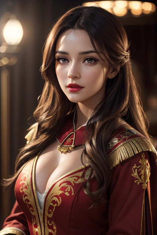 a beautiful woman with warm brown eyes, long eyelashes, detailed facial features, full red lips, flowing long hair, wearing a tight red and gold gryffindor uniform, alluring sensual pose, pinup style, highly detailed, photorealistic, 8k, (best quality,4k,8k,highres,masterpiece:1.2),ultra-detailed,(realistic,photorealistic,photo-realistic:1.37),HDR,UHD,studio lighting,ultra-fine painting,sharp focus,physically-based rendering,extreme detail description,professional,vivid colors,bokeh