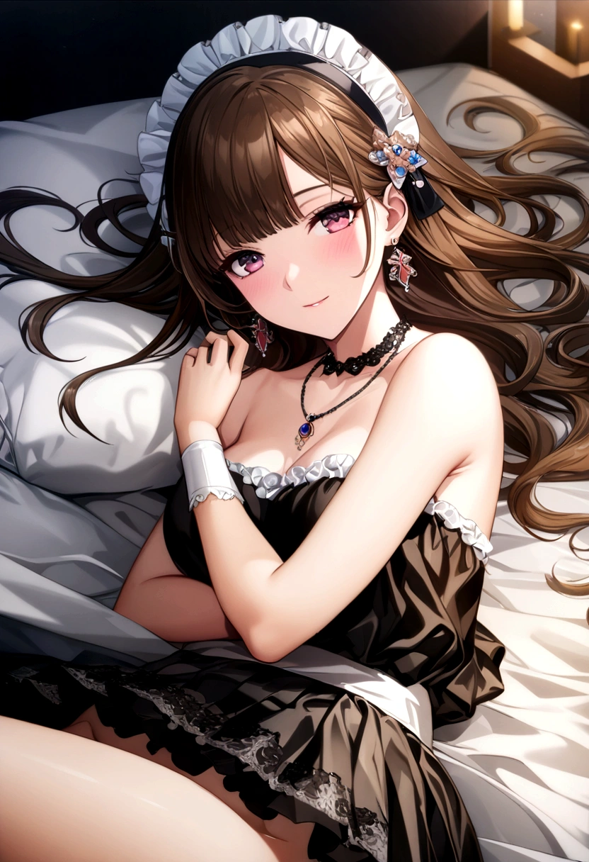 (2 young girls with long hair, Beautiful face and eyes and eyeliner,A delicate little face, pink eyes, Charming smile, (Maid cafe outfit with frilly, Sheer pleated mini skirt:1.5), Skirt turned inside out,(Transparent maid cafe costume with large open breasts and hollow:1.2), Sexy transparent underwear,Underwear turned inside out,Show belly button, Revealing sexy transparent white panties (very pretty girl), brown hair, Fashion hair accessories quality:1.4), (Extremely detailed),Pendants and earrings、 (Extremely detailed CG unified 8k wallpaper), Very detailed, High-resolution original color photos, Professional photography, Depth of Field, (Lying in bed)
