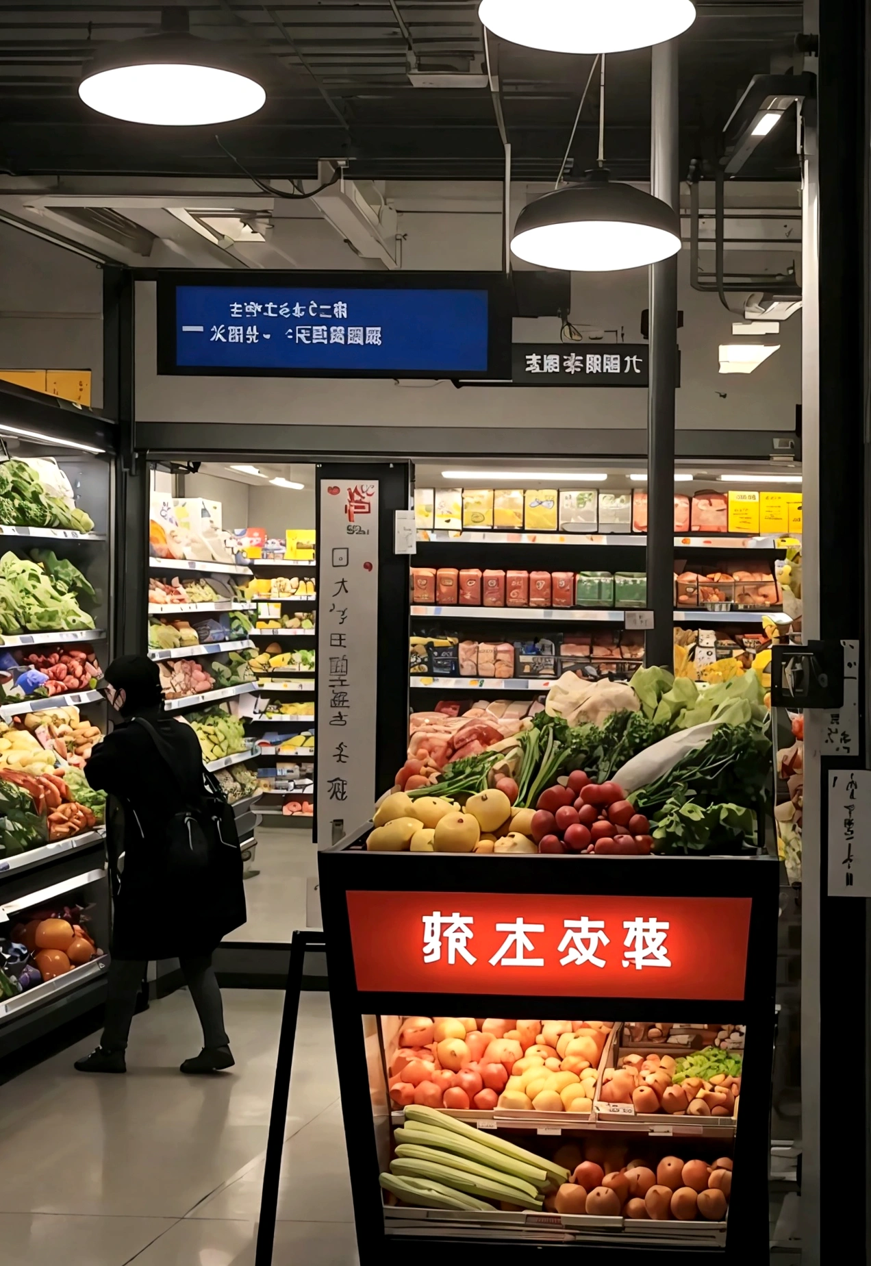 24-hour supermarket entrance,night,unmanned,lamp