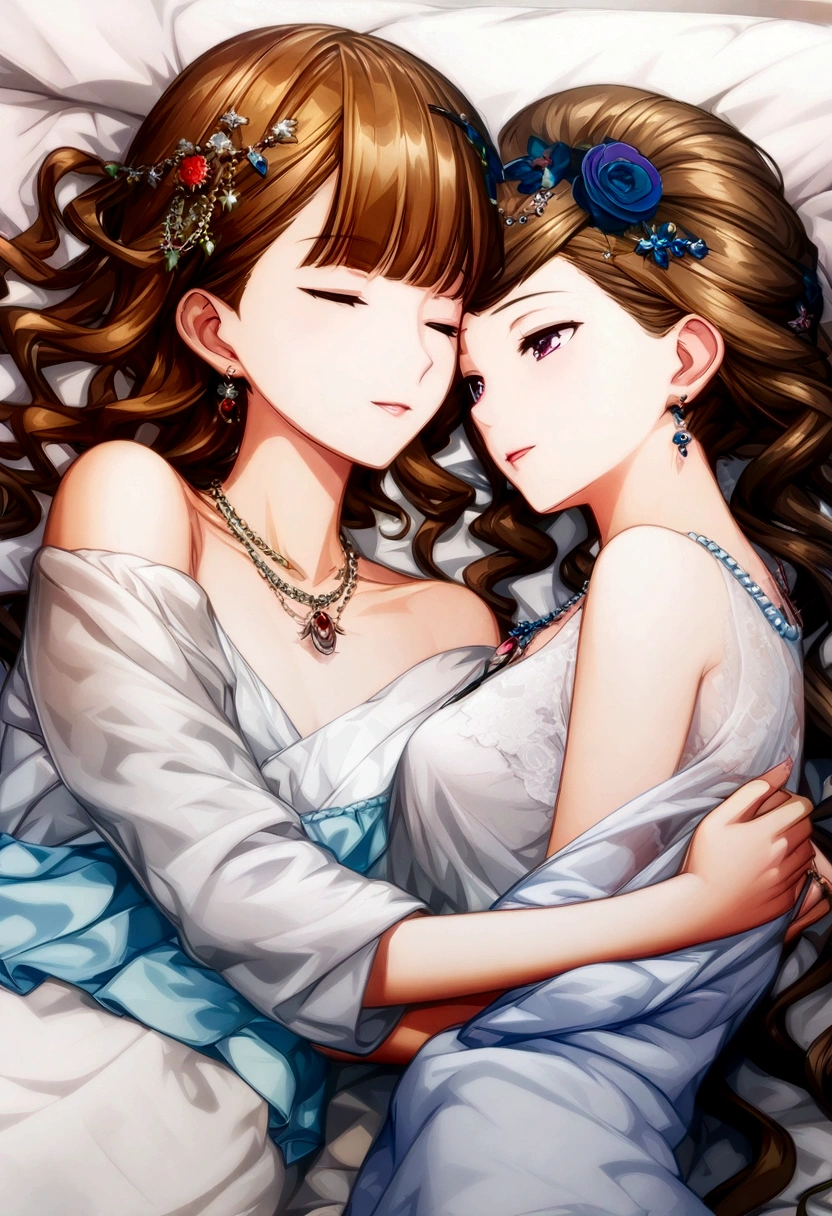 (2 young girls with long hair, Beautiful face and eyes and eyeliner,A delicate little face, pink eyes, Charming smile, (Maid cafe outfit with frilly, Sheer pleated mini skirt:1.5), Skirt turned inside out,(Transparent maid cafe costume with large open breasts and hollow:1.2), Sexy transparent underwear,Underwear turned inside out,Show belly button, Revealing sexy transparent white panties (very pretty girl), brown hair, Fashion hair accessories quality:1.4), (Extremely detailed),Pendants and earrings、 (Extremely detailed CG unified 8k wallpaper), Very detailed, High-resolution original color photos, Professional photography, Depth of Field, (Lying in bed)