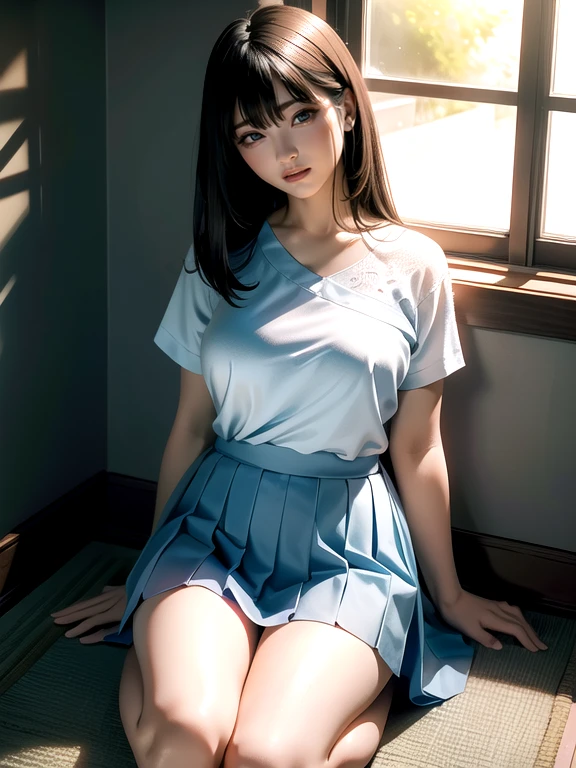 Japanese Girls,(Highly detailed skin),Curvy,,美しいBig Breasts,(Big Breasts),Emphasize cleavage,Pale skin,Pointed Chest,Erect nipples,(Fantasy art,Best image quality,Hyperrealist portrait,(8k),Ultra-realistic,最high quality, high quality, High resolution, high quality texture,Attention to detail,Beautiful details,detailed,Extremely detailed CG,detailed Texture,Realistic facial expressions,masterpiece,in front,dynamic,bold),Short black pixie cut,A rounded hairstyle that follows the lines of the face、(Very thin hair),(Very soft hair),(Super Straight Hair:1.5),length, sleek bangs,Very light coppery amber hair,Hair in one eye、Wearing light blue tennis wear、Her clothes fit her body perfectly......、;Wearing a super mini pleated skirt、Crouched down with his back to the viewer、Squat、Drawing from behind、whole bodyを描く、whole body