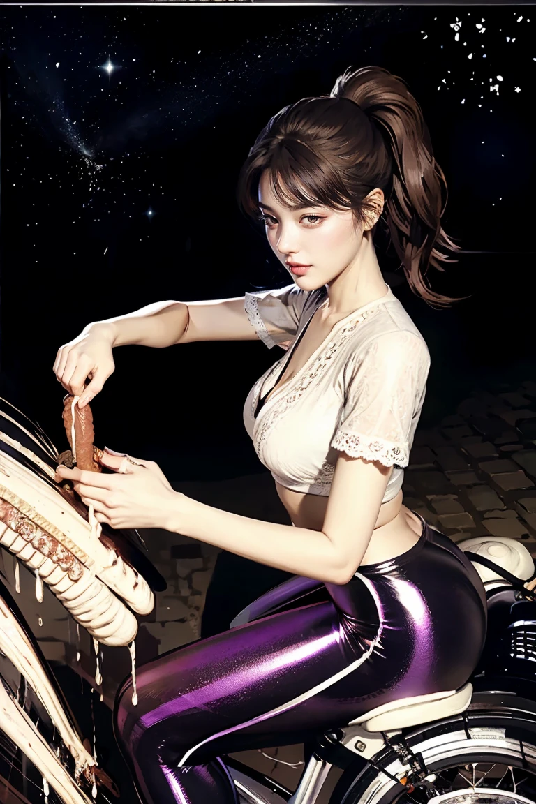 The beautiful girl in lace top and leggings is sitting astride a pile of skeletons in the center of the picture. She is holding a trembling sausage with juice squeezed out in her hand and smiling. There are multiple comic storyboards in the background，cbt, sausage bondage,sausage insertion,Sexy, trampling sausage with high heels heel,(masterpiece, best quality:1.2)，1 beautiful girl,sexy，comic storyboard:2, leggings, sit astride, axially symmetrical:2, ,femdom，sounding，cbt，hold，smile，colorful，leggings，thin gap，cameltoe，insertion，trembling，juice，spray， Long hair,Lace top,Sexy, Shiny leggings, High heel，cleveage, trampling, in forest, saliva , Mucus，