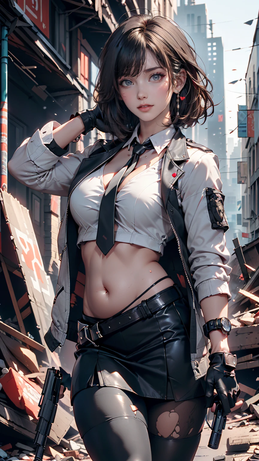 One girl, Close-up shot, (Gray Hair, Medium Hair, Big Breasts, Red eyes), Perfect Anatomy, city, Cyberpunk Style, ((White shirt, Black jacket, Black Skirt, belly button, belt, Black gloves, tie, watch, Earrings, Sheer black leggings)), ((Possession of a gun)), war, ruined city, battlefield, rubble, building,cigarette