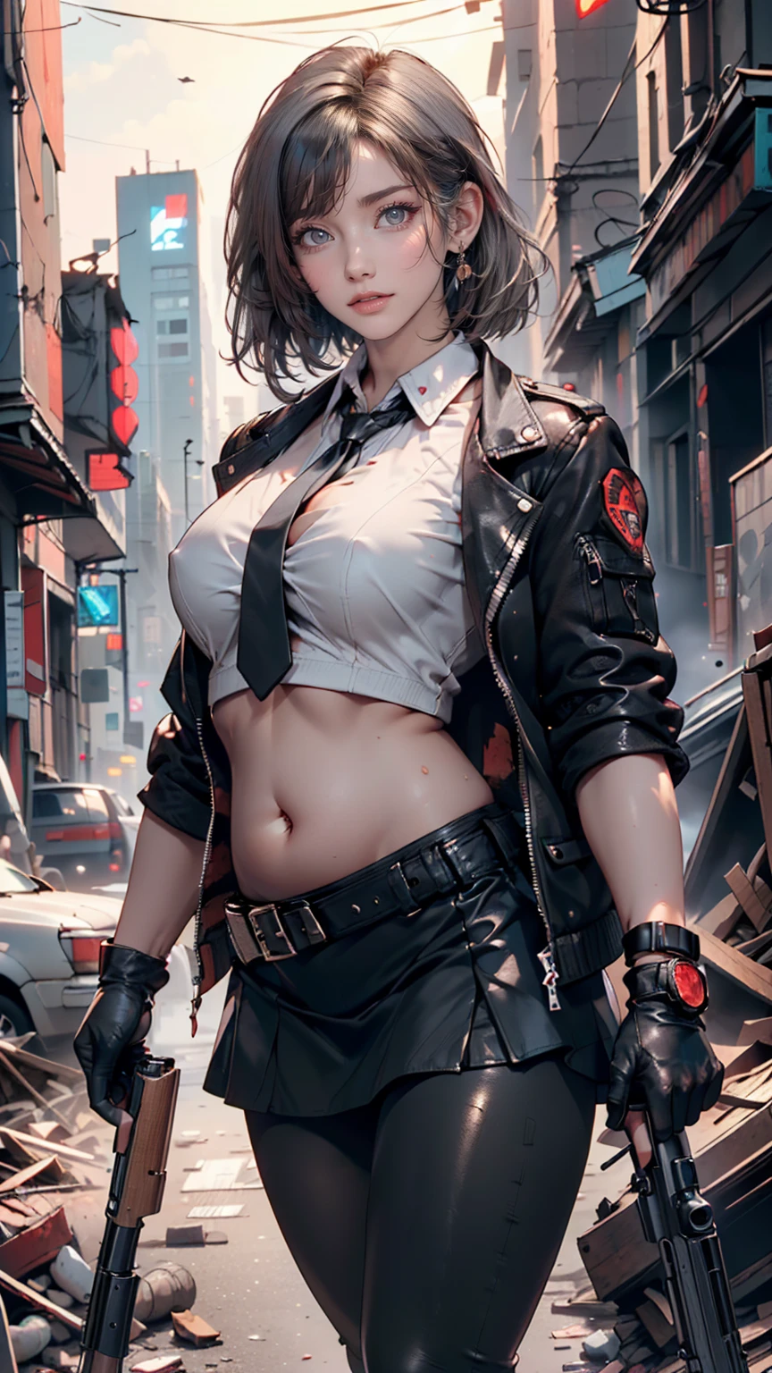 One girl, Close-up shot, (Gray Hair, Medium Hair, Big Breasts, Red eyes), Perfect Anatomy, city, Cyberpunk Style, ((White shirt, Black jacket, Black Skirt, belly button, belt, Black gloves, tie, watch, Earrings, Sheer black leggings)), ((Possession of a gun)), war, ruined city, battlefield, rubble, building,cigarette