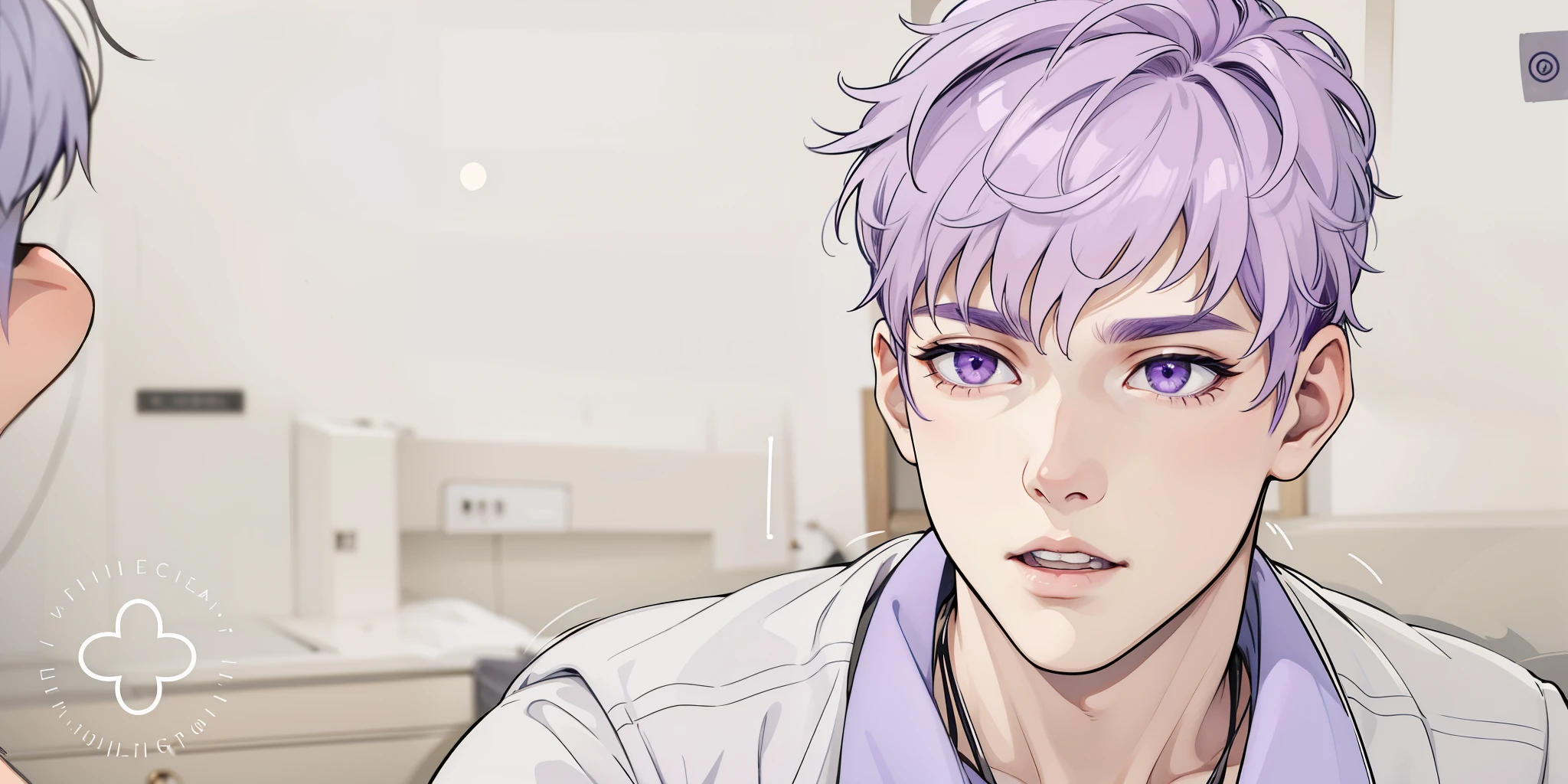 he is speaking he opens his mouth a beautiful  young man violet hair violet eyes speaking a story he is telling us something