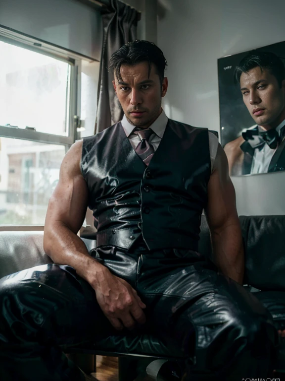 30 years old,daddy,"shiny suit",wear white shirt, very glossy pants, necktie, waistcoat, shiny satin trousers,dark gray satin fabric ,Dad sit down on the sofa, k hd,in the office,"big muscle" ,black hair,asia face,masculine,strong man,the boss is,handsome,,leather gloves,lecherous dad,look straight ahead,dad is handsome,dad is handsome, dad is "big horny daddy"