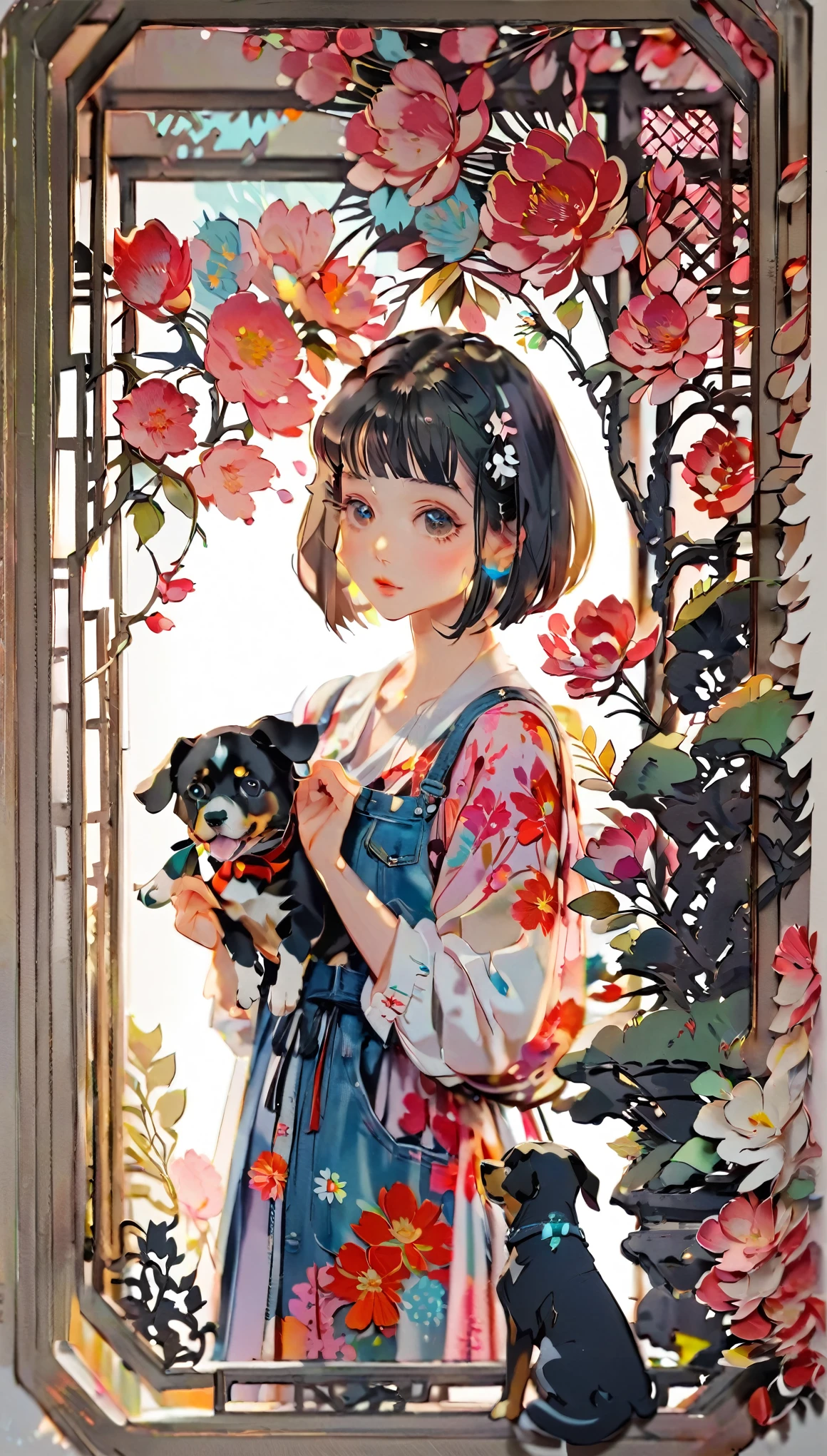(((paper cutting style))), 1 girl, black short hair, bob cut, denim, shirts, 1 dog with girl, (frame of illustration is 3D paper cutting), (colorful)