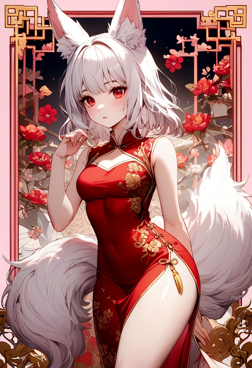 The girl has short white hair, red eyes, white fox ears with pink borders, a red Chinese dress with yellow borders, and a white and pink tail.