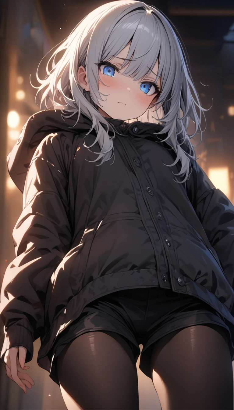 a handsome girl, solo, silver hair, blue eyes, bright eyes, bangs,
”hoodle”, BREAK (,black shorts,black tights:1.5), no expression,
blurry background, extremely detailed face, perfect lighting, extremely detailed, masterpiece, best quality
