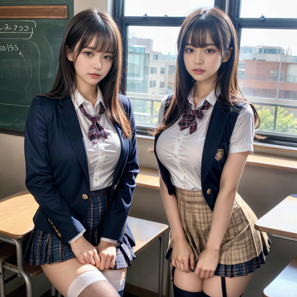 masterpiece, best quality, illustration, Super detailed, fine details, High resolution, 8K,wall paper, perfect dynamic composition,(Details High quality, realistic depiction of eyes:1.3), (2 girls, 2 schoolgirls:1.2), from side, High School Classroom、High school girl uniform、blazer 、Super Short Check Uniform Skirt、Navy blue high socks、garterbelts、Colossal tits、Disturbed uniform,  short bob hair, black hair color, huge breasts, Big Natural Color Lip, bold sexy pose, (perfect body shape), crying a little、 Harajuku style、20 year old girl、 beautiful legs, hposing Gravure Idol, Voluptuous thighs