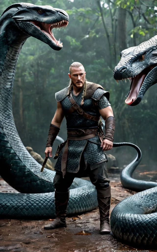 ragnar lothbrok ,viking,cercado por cobras, snake is surrounding them, homem cobra, Jormungandr, muitas cobras, filme ainda de god of war, jörmungandr, eugene gottsnake, VIQUINGUES, serpente, Tuomas Korpi e Wlop, anaconda, ainda de um filme de fantasia, Chris Escaldo