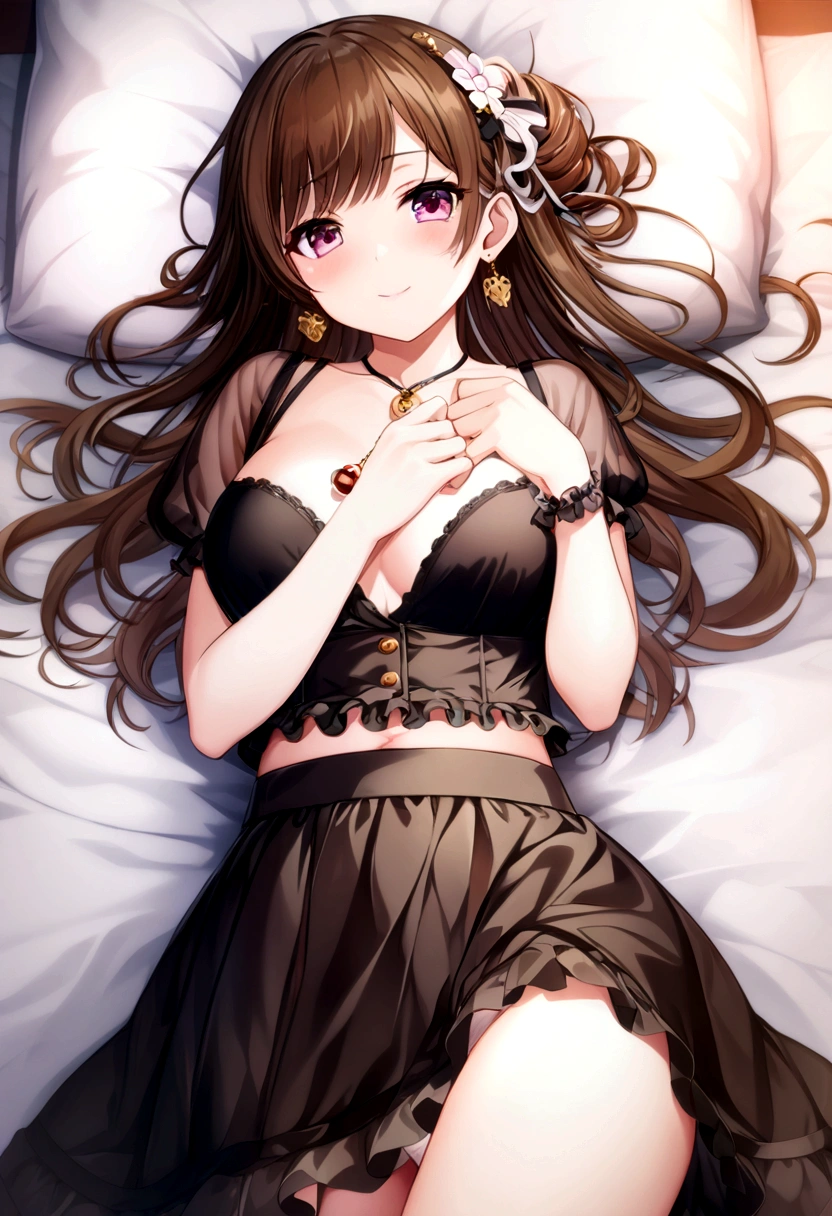 (2 young girls with long hair, Beautiful face and eyes and eyeliner,A delicate little face, pink eyes, Charming smile, (Maid cafe outfit with frilly, Sheer pleated mini skirt:1.5), Skirt turned inside out,(Transparent maid cafe costume with large open breasts and hollow:1.2), Sexy transparent underwear,Underwear turned inside out,Show belly button, Revealing sexy transparent white panties (very pretty girl), brown hair, Fashion hair accessories quality:1.4), (Extremely detailed),Pendants and earrings、 (Extremely detailed CG unified 8k wallpaper), Very detailed, High-resolution original color photos, Professional photography, Depth of Field, (Lying in bed)