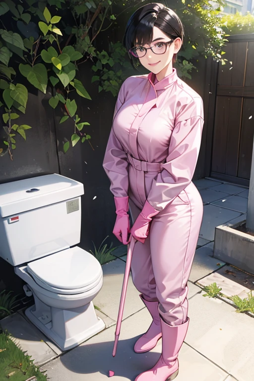 Wearing large pink rubber gloves and white rubber boots、A mature woman with short hair, glasses and black hair wearing a blue long-sleeved jumpsuit cleans a dirty public toilet in a park with a gentle smile